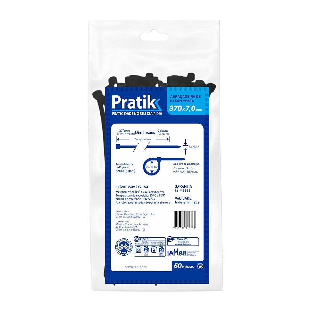 Abraçadeira Nylon Pratik 370x7,0mm Preto - Embalagem com 50 Unidades