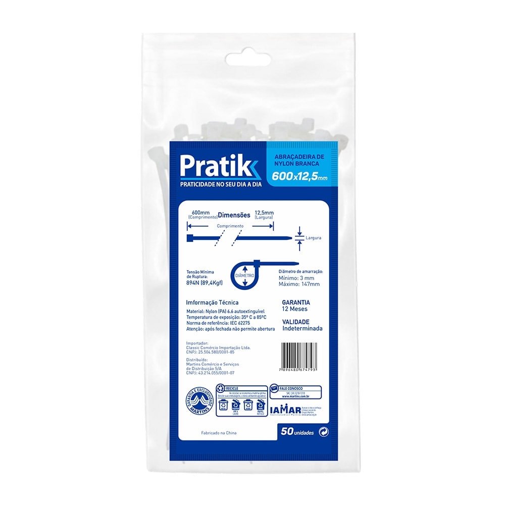 Abraçadeira Nylon Pratik 600x12,5mm Branco - Embalagem com 50 Unidades