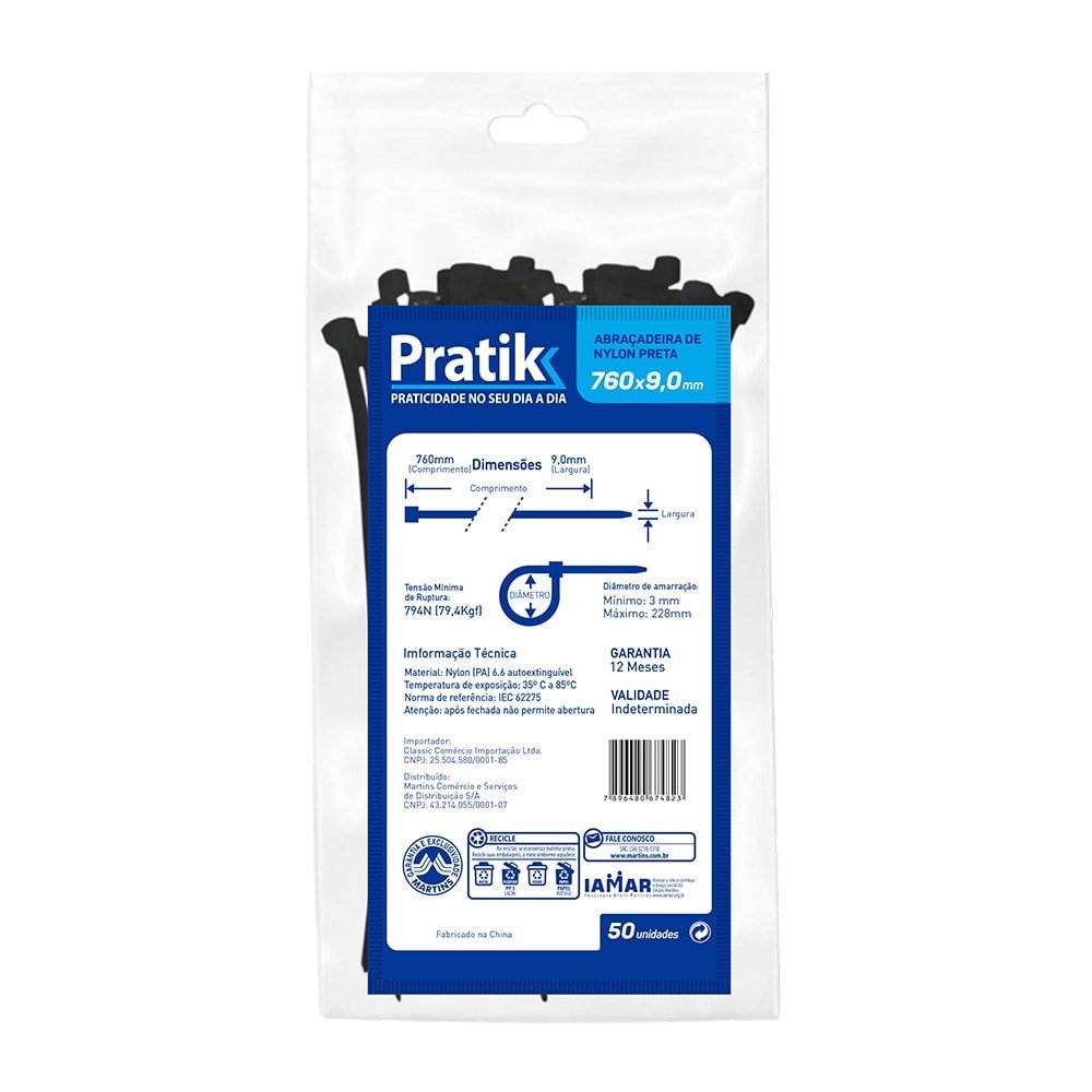 Abraçadeira Nylon Pratik 760x9,0mm Preto - Embalagem com 50 Unidades