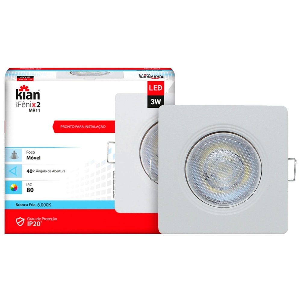 Spot Led Kian Fenix II Quadrado Embutir MR11 3W 6,0K