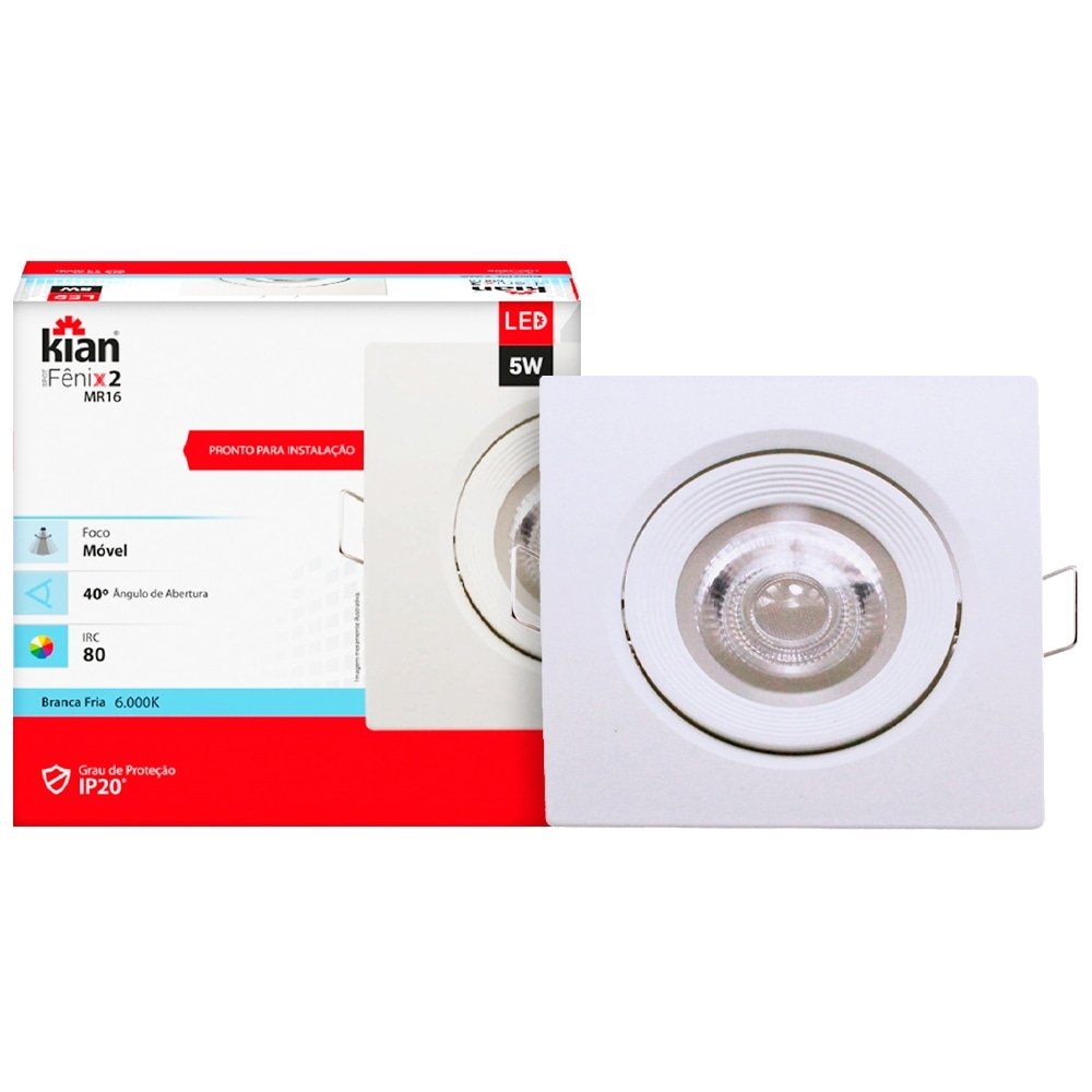 Spot Led Kian Fenix II Quadrado Embutir MR16 5W 6,0K