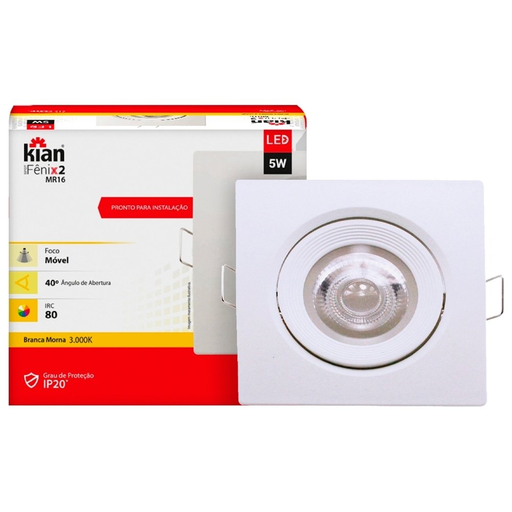 Spot Led Kian Fênix II Quadrado Embutir MR16 5W 3,0K