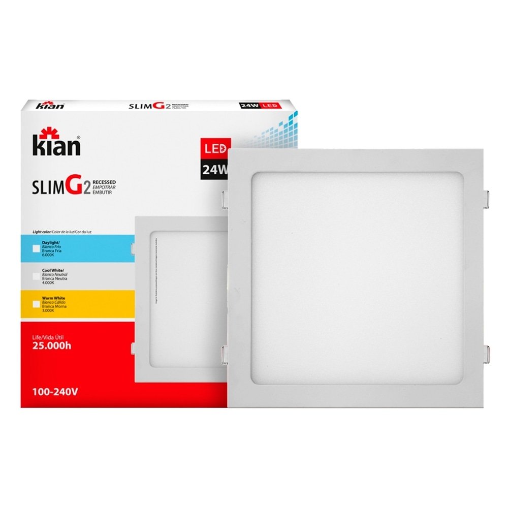 Plafon Painel Kian LED 30,0cm Quadrado Embutir Slim 24W 6,0K