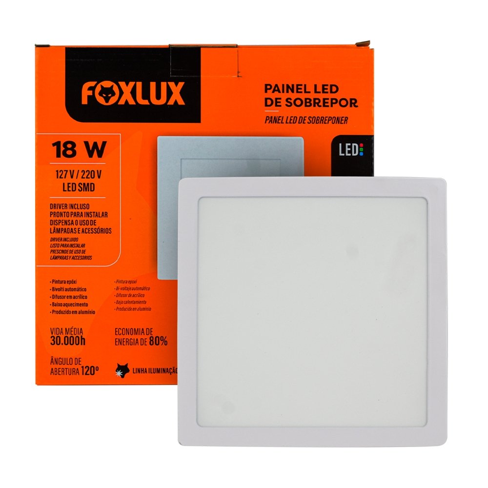 Plafon Painel Foxlux Led 22,5cm Quadrado Sobrepor 18W 6,5K