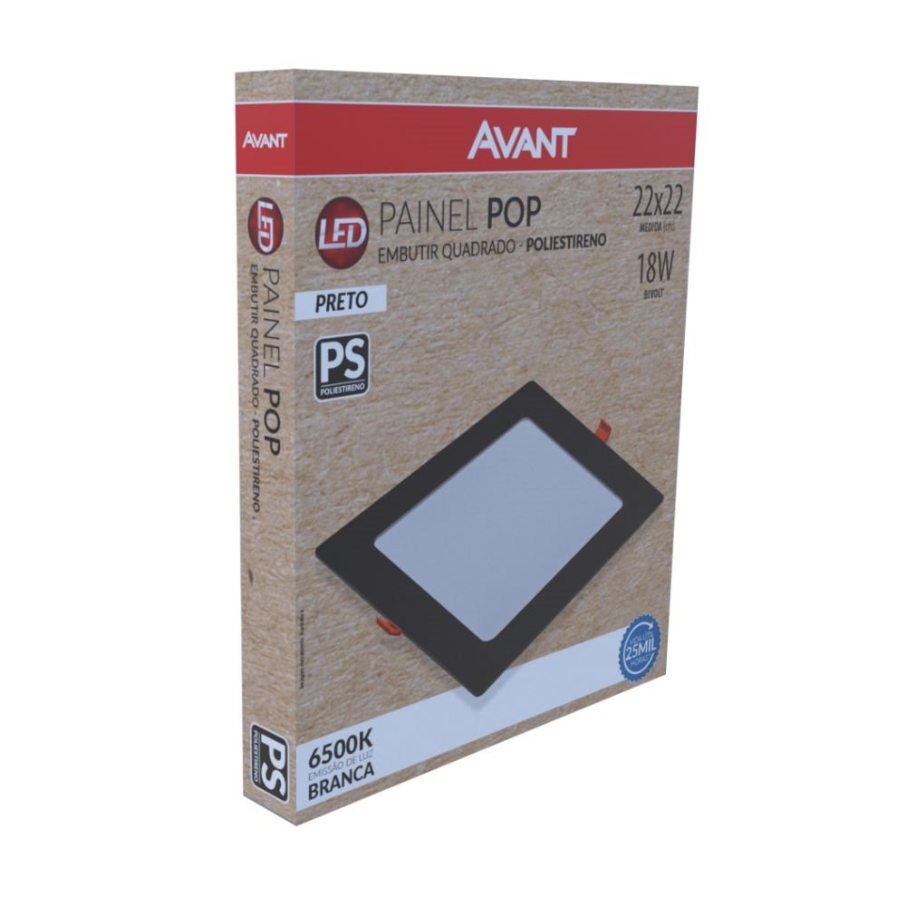 Plafon Painel Avant Led 21cm Preto Quadrado Embutir 18W 6,5k 1080 Lúmens