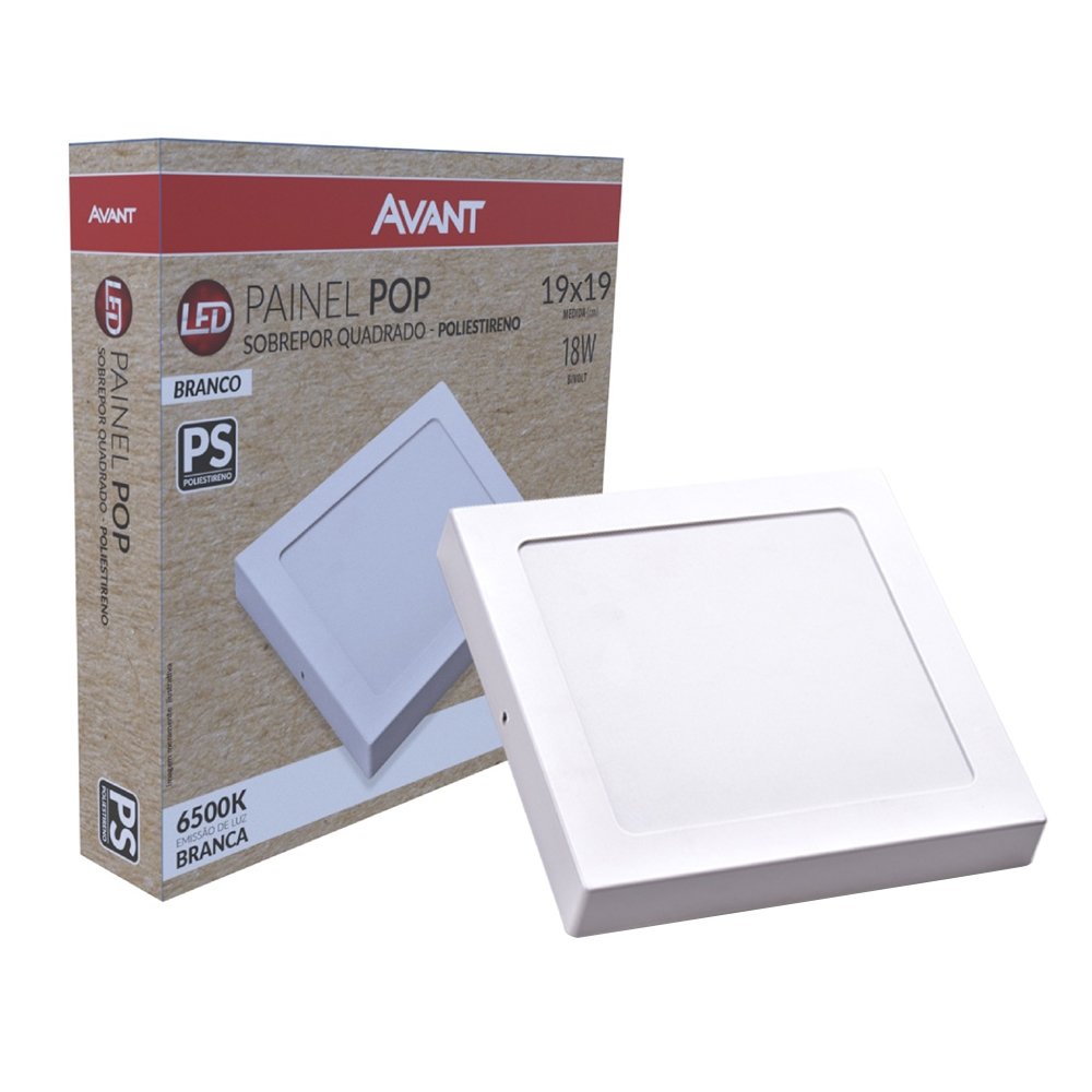 Plafon Painel Avant Led 19cm Quadrado Branco 18W Sobrepor 6.5K 1080 Lúmens