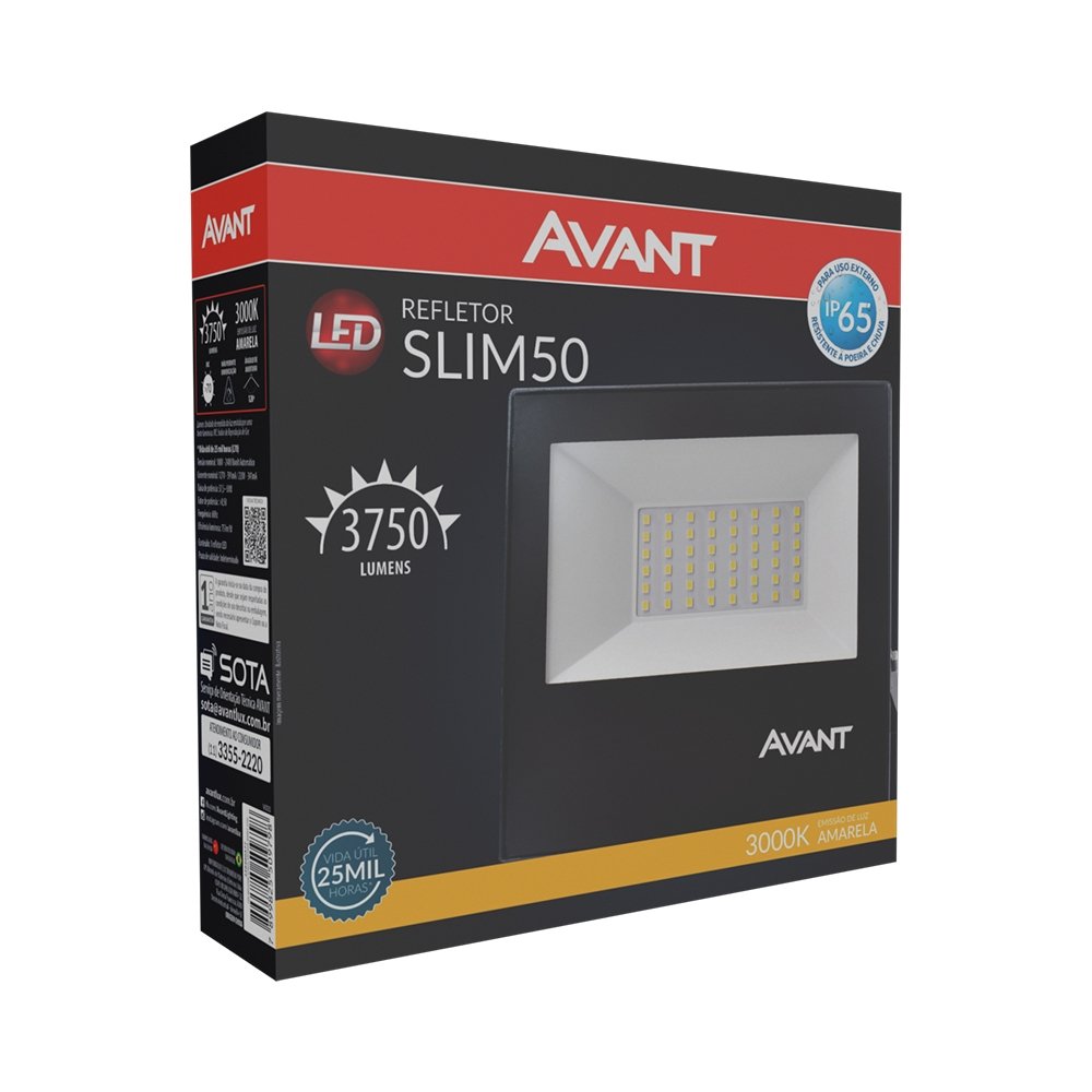 Refletor Avant LED Slim 50W 3,0K 3750 Lumens Preto
