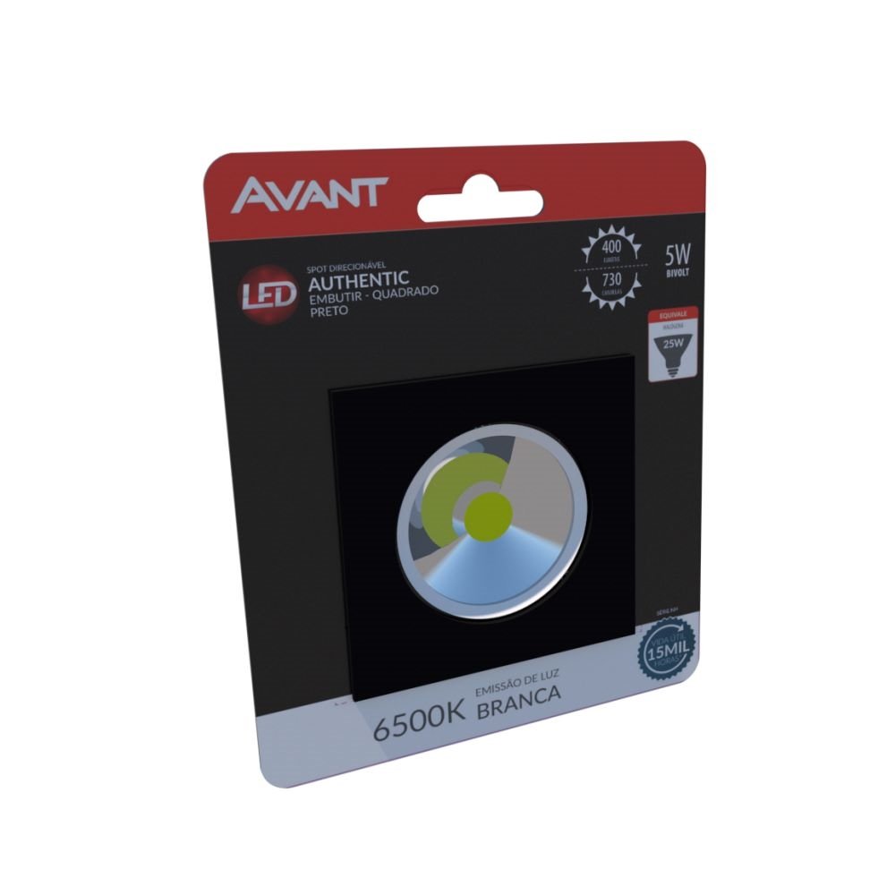 Spot LED Avant Authentic Quadrado Embutir Preto 5W 6500K 400 Lumens