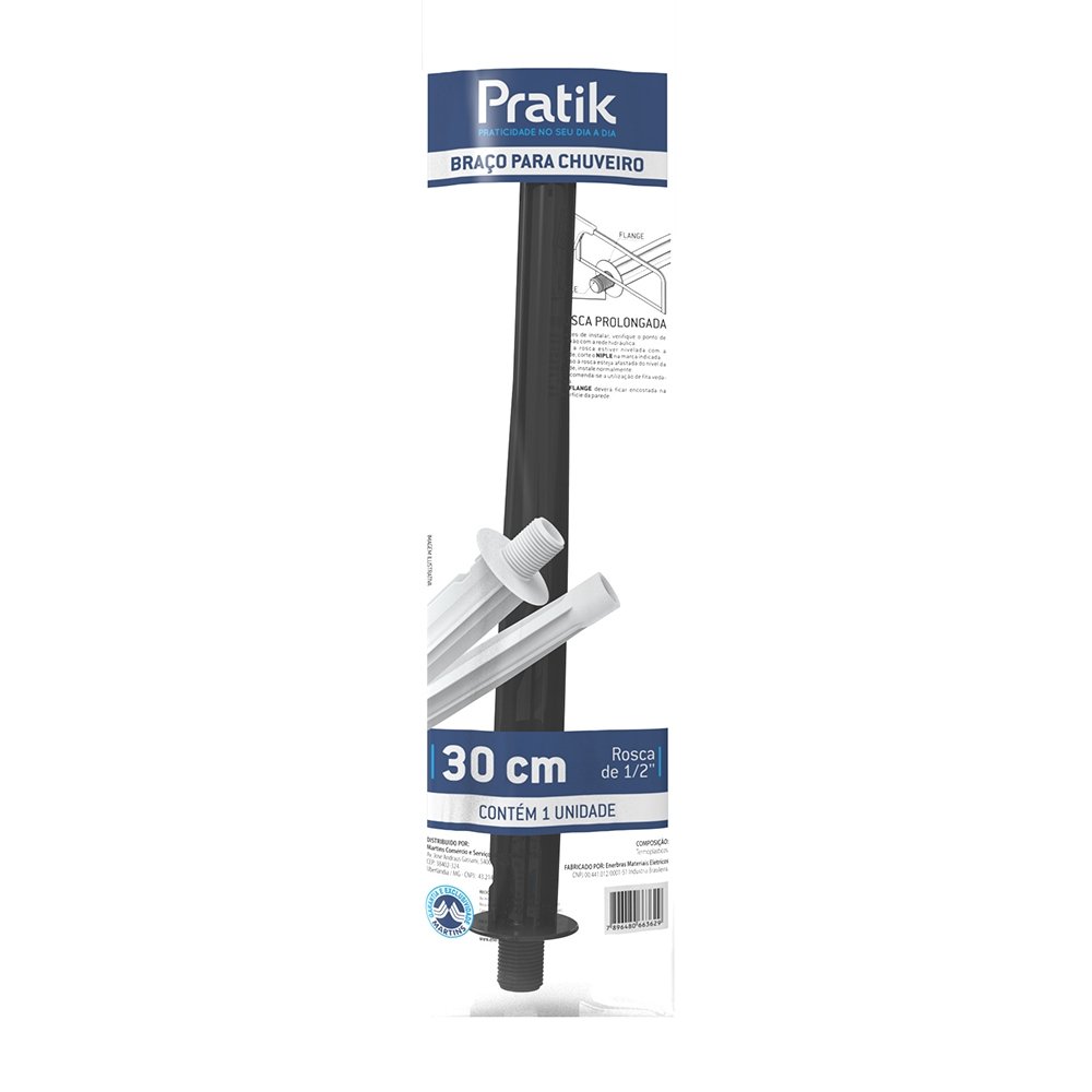 Braço de Chuveiro Pratik 30CM Preto 3008-E90P/Pk