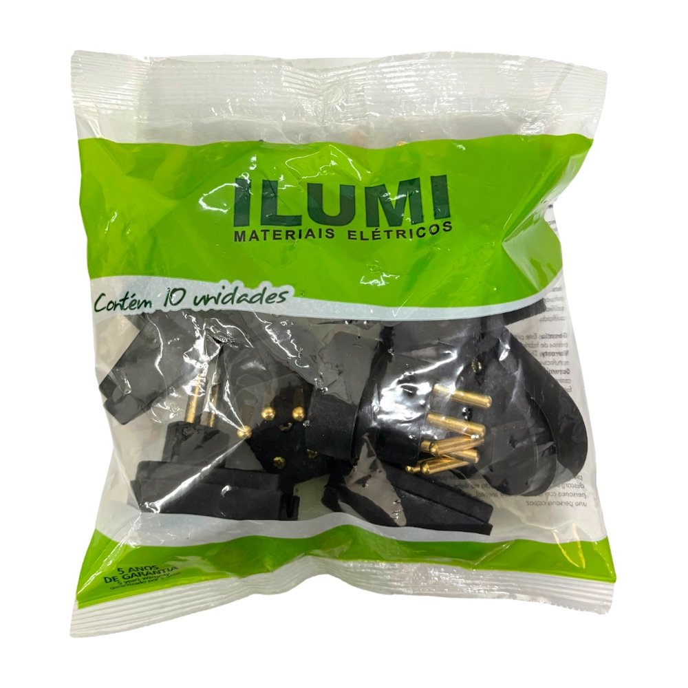 Pino Macho Gigante Angular Ilumi 2P+T 10A 250v Preto - Embalagem com 10 Unidades
