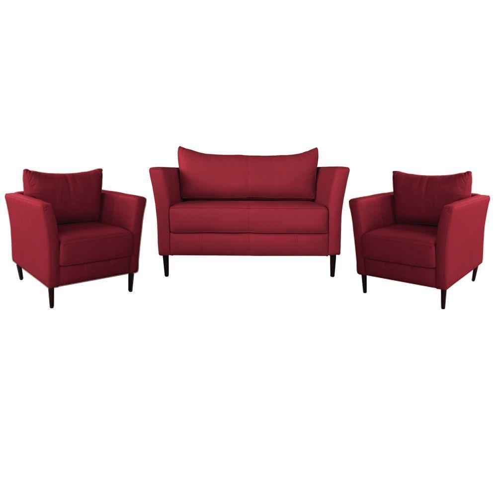 Conjunto Sofa 2 Lugares com 2 Poltronas Pes Palito Lubbock Couro Vermelho G58 - Gran Belo