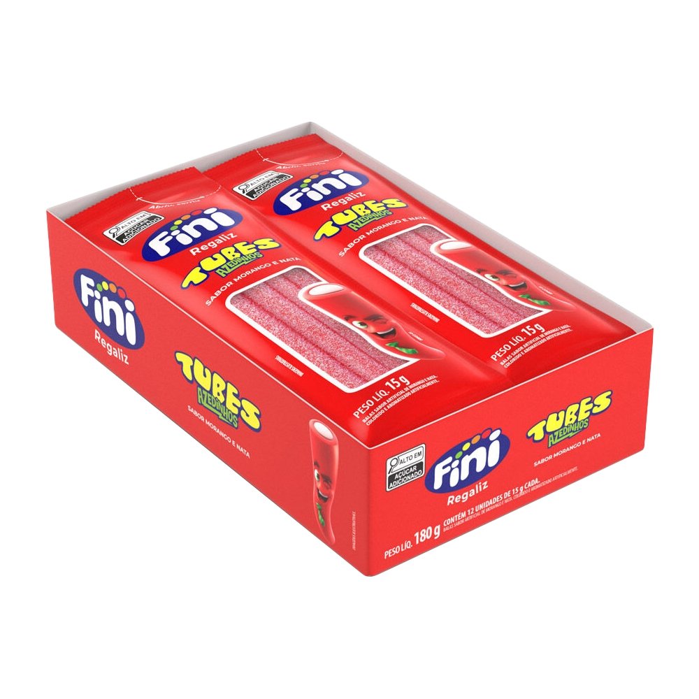 Bala Fini Regaliz Tubes Morango Cítrico, 15g - Embalagem com 12 Unidades