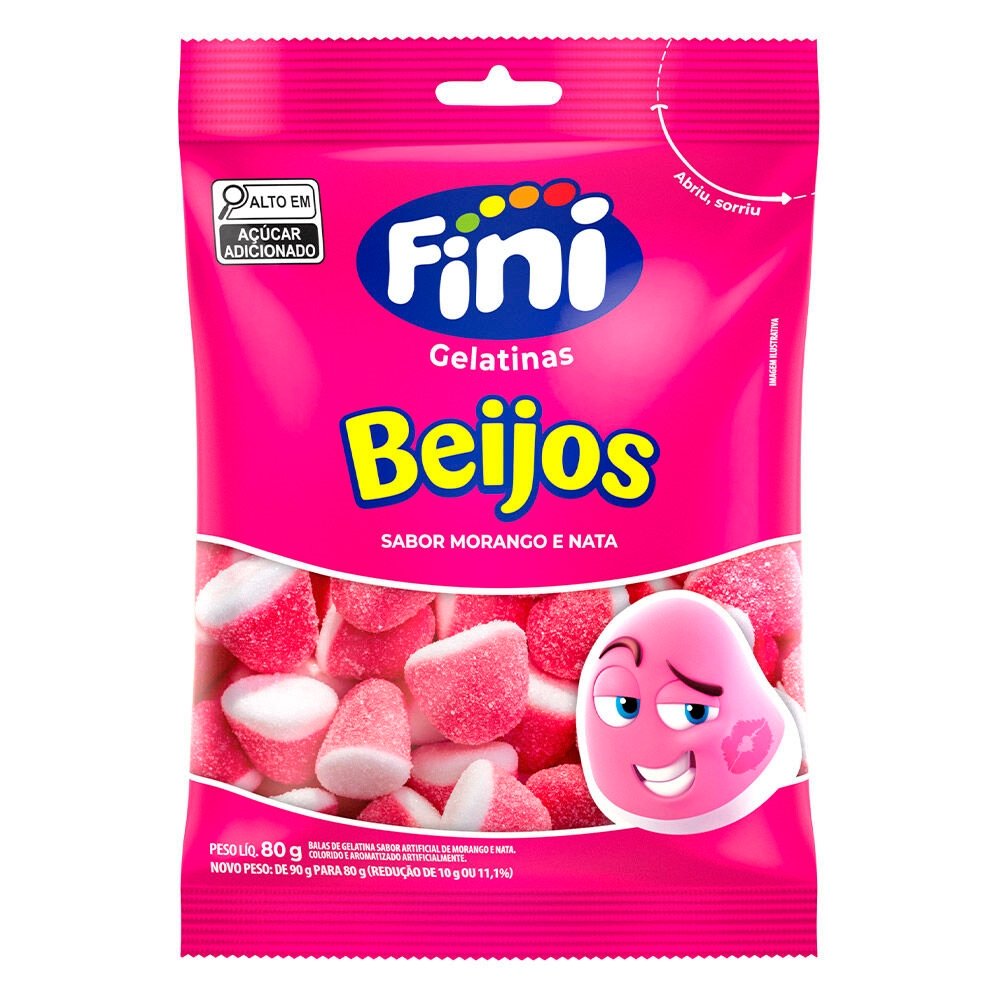 Bala Fini Gelatina Beijo de Morango 80g - Embalagem com 12 Unidades
