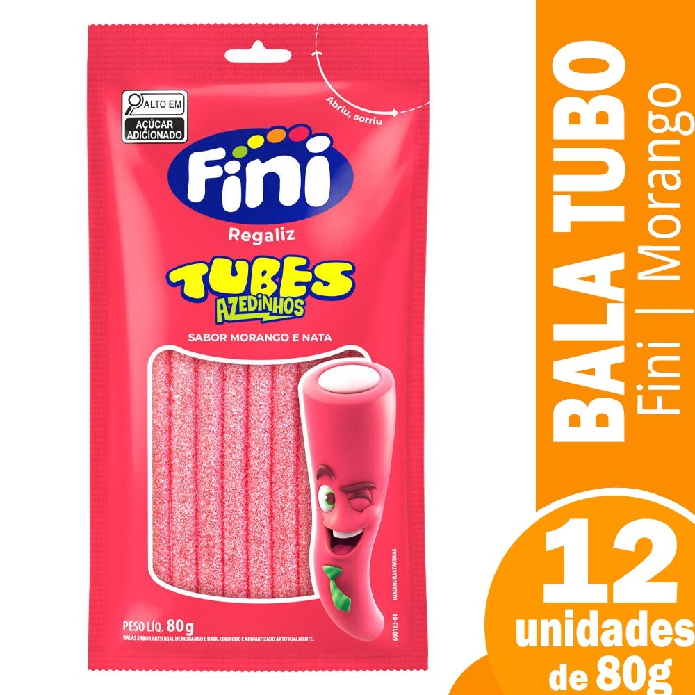 Bala Fini Regaliz Tubes Cítrico Morango 80g Embalagem com 12 Unidades