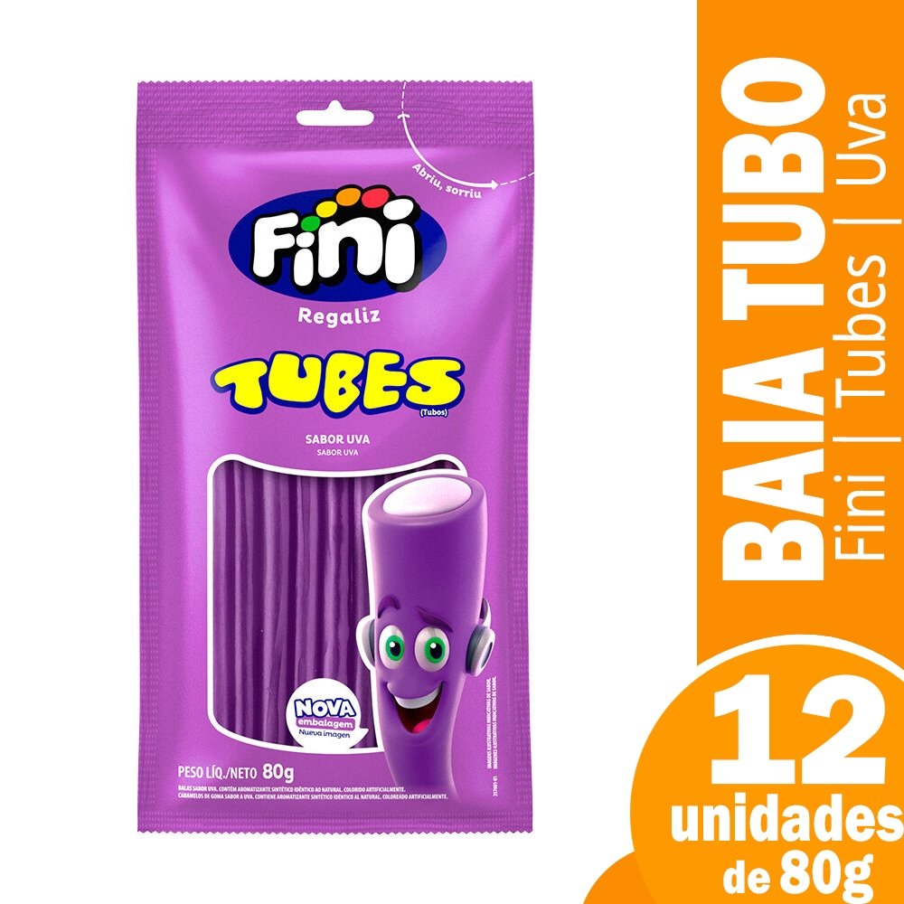 Bala Fini Regaliz Tubes Brilho Uva 80g Embalagem com 12 Unidades