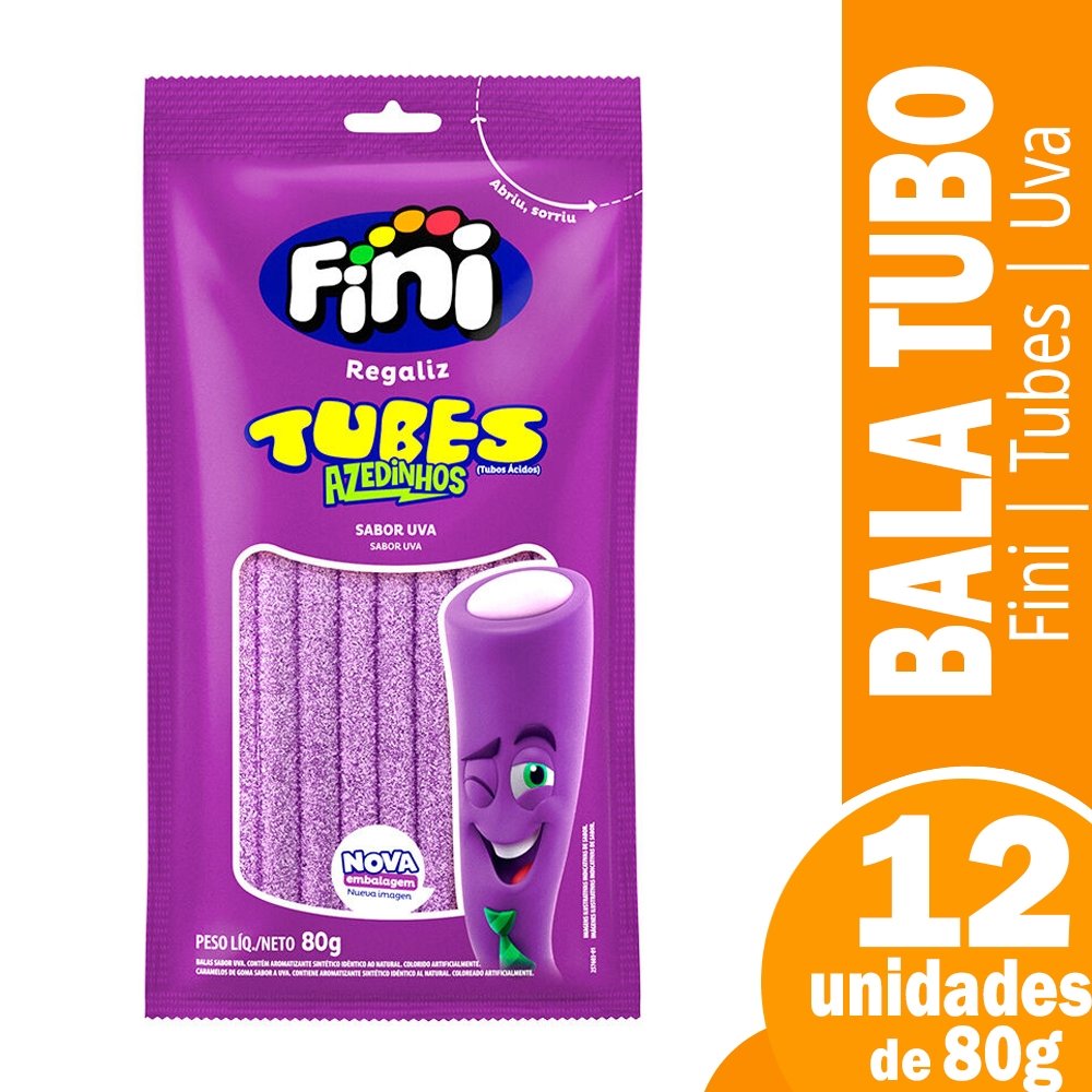 Bala Fini Regaliz Tubes Cítrico Uva 80g Embalagem com 12 Unidades