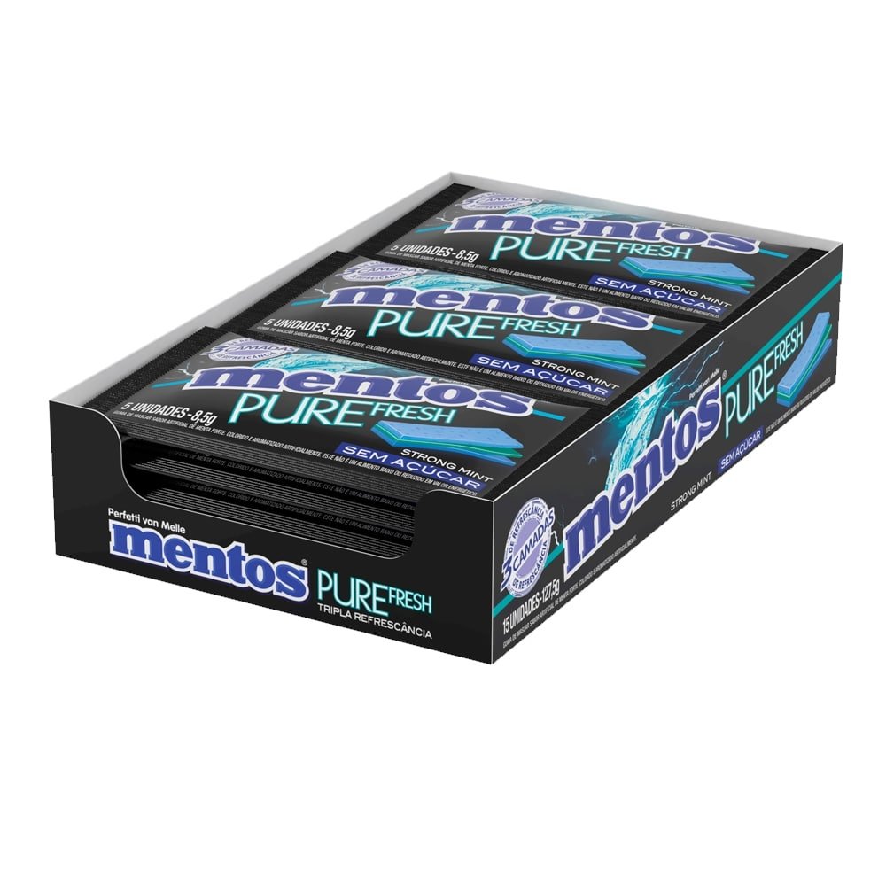 Chiclete Mentos Pure Fresh Strong Mint - Caixa com 15 Unidades