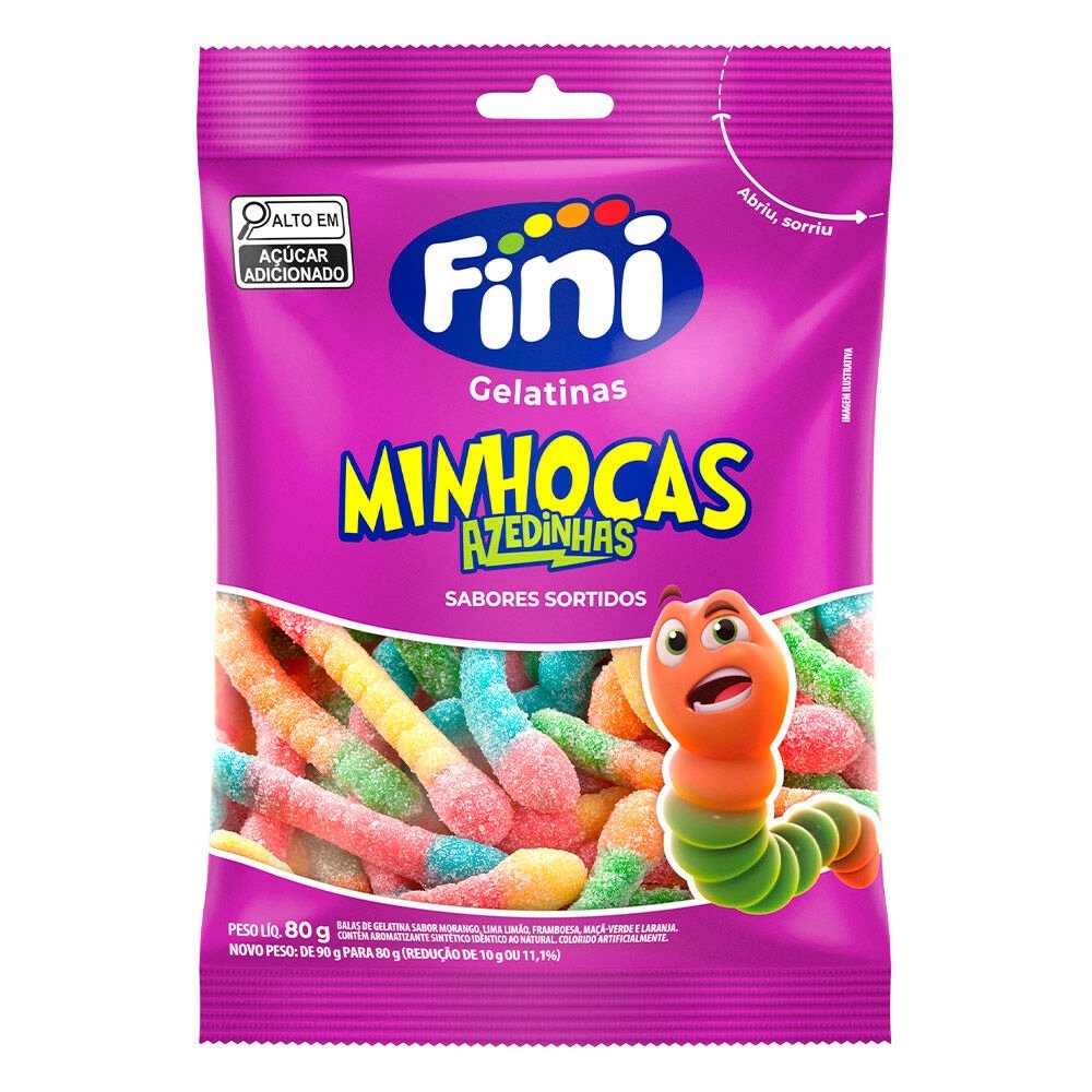 Bala Fini Gelatina Minhoca Cítrica 80g - Embalagem com 12 Unidades