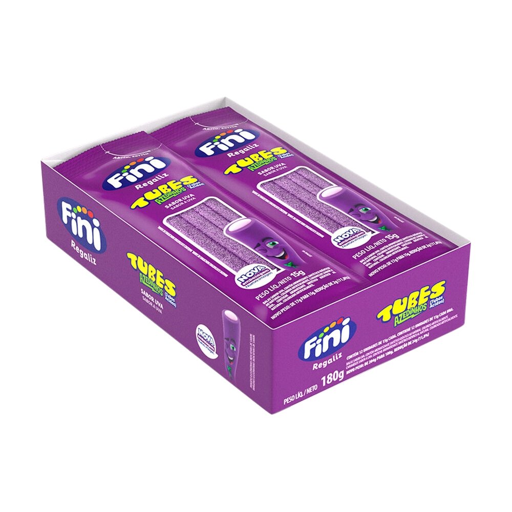 Bala Fini Regaliz Tubes Cítrico Uva 15g Embalagem com 12 Unidades
