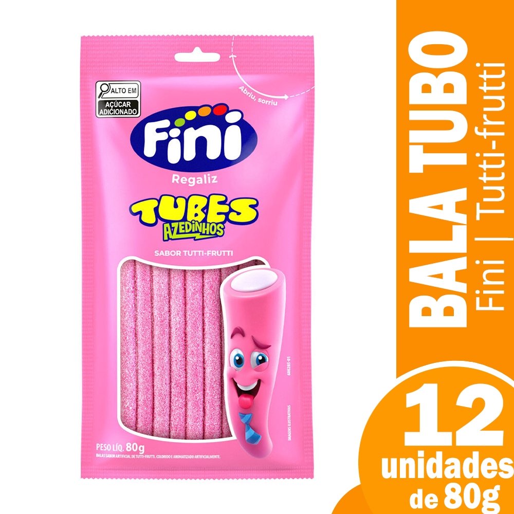 Bala Fini Regaliz Tubes Tutti Frutti 80g Embalagem com 12 Unidades