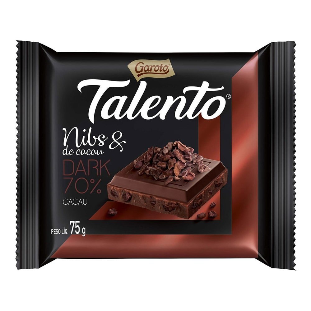 Chocolate Garoto Talento Tablete Dark Nibs de Cacau 75g Embalagem com