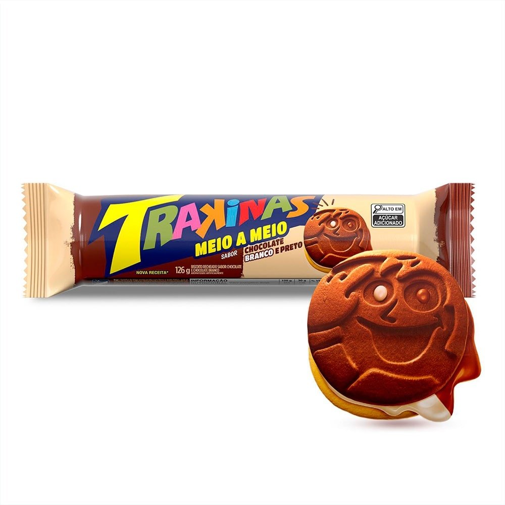 Biscoito Recheado Trakinas Meio a Meio chocolate ao leite e branco de 126g Embalagem com 54 Unidades