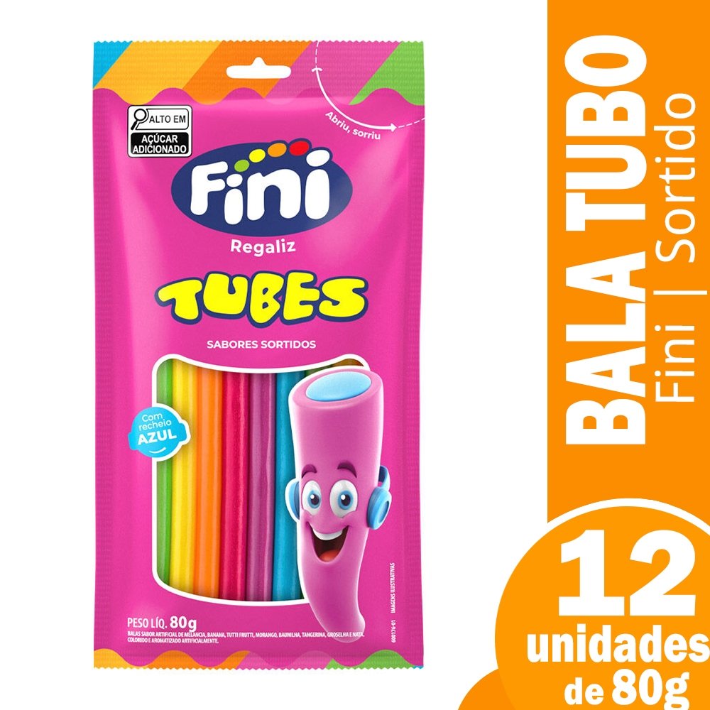 Bala Fini Regaliz Tubes Arco Íris 80g Embalagem com 12 Unidades