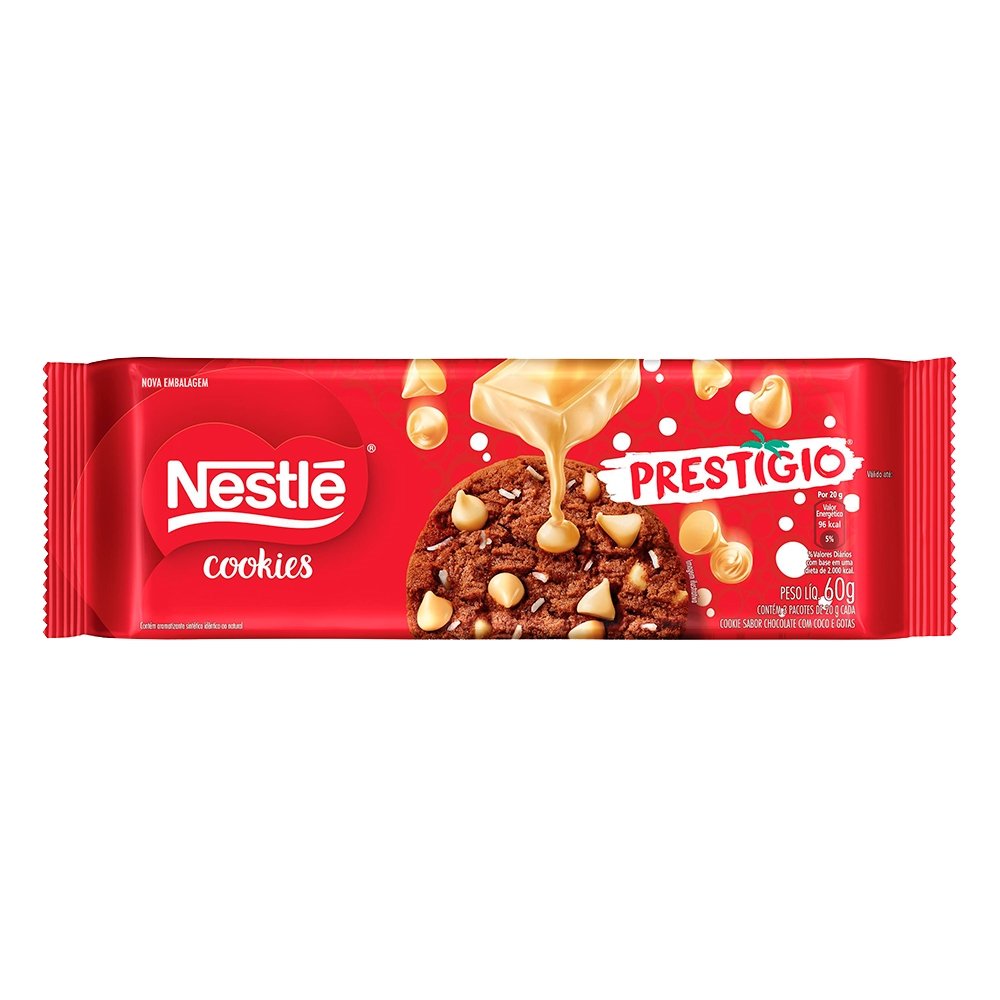 Biscoito Nestlé Cookies Prestígio Chocolate, Gotas de Chocolate, 60g - Embalagem com 52 Unidades