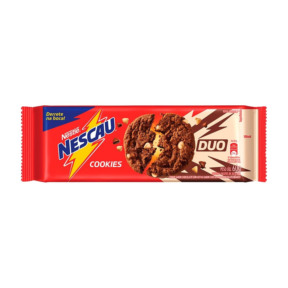 Biscoito Nestlé Cookies Nescau Chocolate, Gotas DUO, 60g - Embalagem com 52 Unidades
