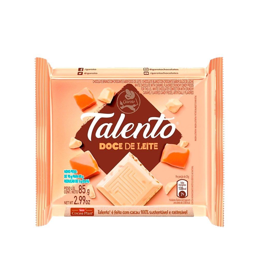 Chocolate Garoto Talento Branco Doce de Leite 85g - Embalagem com 12 Unidades