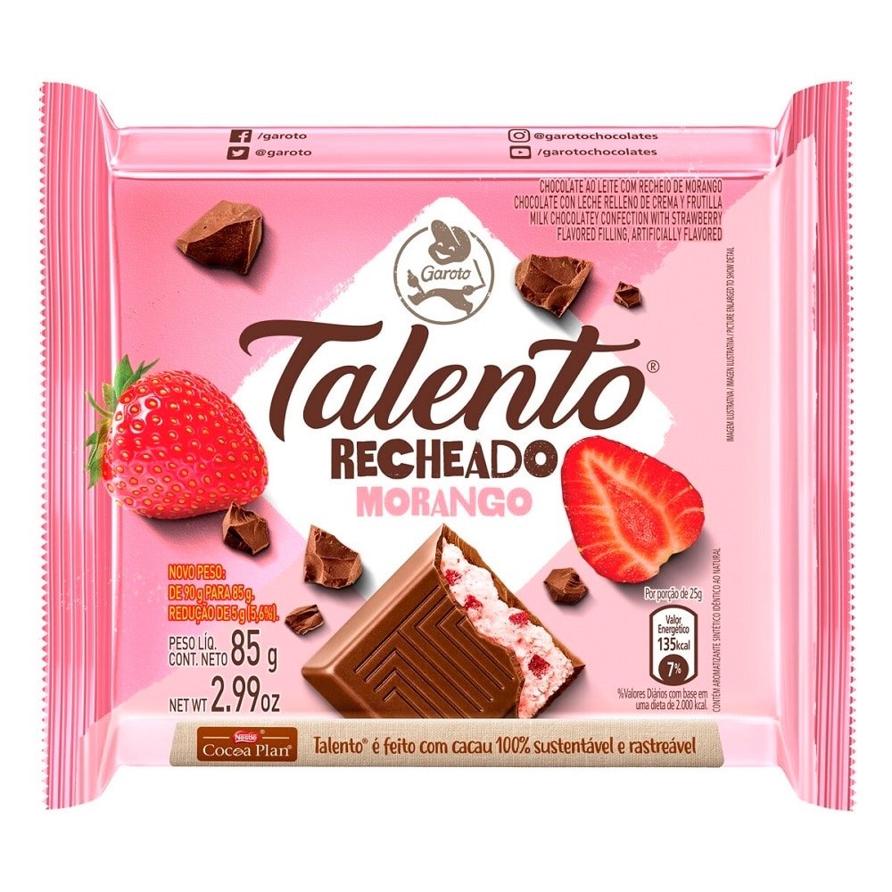 Chocolate Garoto Talento Recheado Morango 85g Embalagem com 12