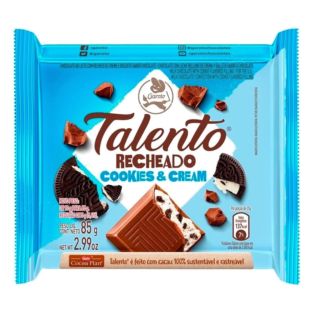 Chocolate Garoto Talento Recheado Cookies e Cream 85g eFácil