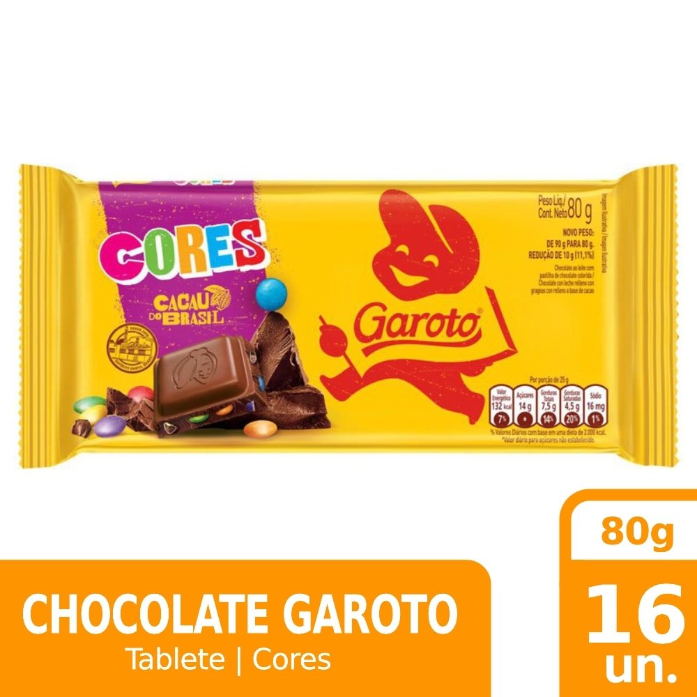Chocolate Garoto Tablete Cores 80g Embalagem com 16 Unidades eFácil