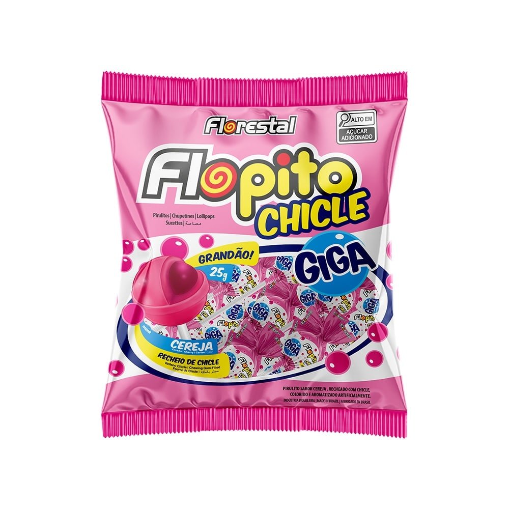 Pirulito Florestal Flopito Giga Chicle Cereja 600g