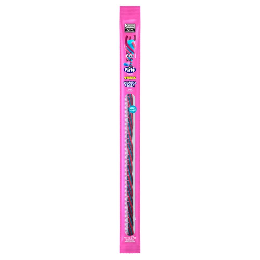 Bala Fini Regaliz Tubes Desenrola e Estika Tutti-Frutti 27g - Embalagem com 24 Unidades