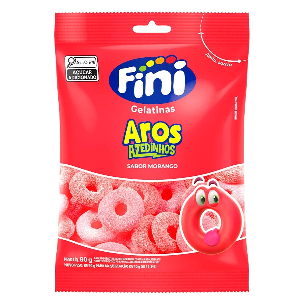 Bala Fini Gelatina Aros de Morango 80g - Embalagem com 12 Unidades