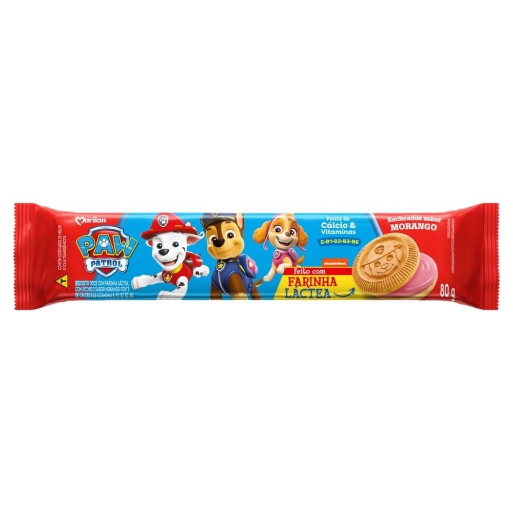 Biscoito Marilan Recheado Morango Patrulha Canina 80g - Embalagem com 50 Unidades