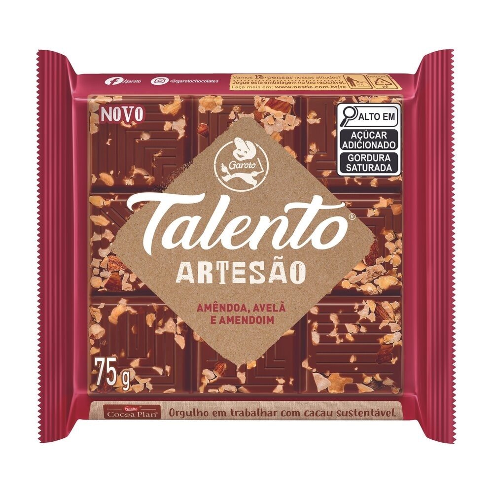 Chocolate Garoto Talento Amêndoa Avelã e Amendoim 75g - Embalagem com 15 Unidades