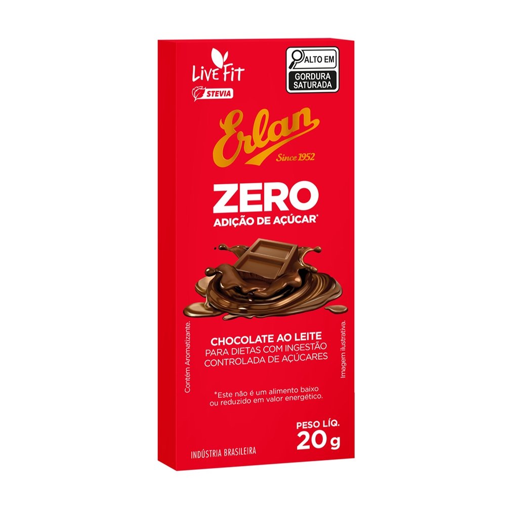 Chocolate Ao Leite Erlan Zero Açúcar 20g - Embalagem com 12 Unidades