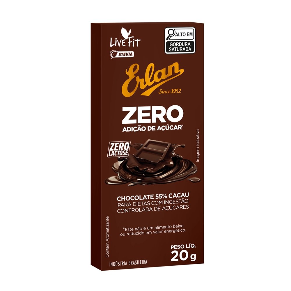 Chocolate 55% Cacau Erlan Zero Açúcar 20g - Embalagem com 12 Unidades