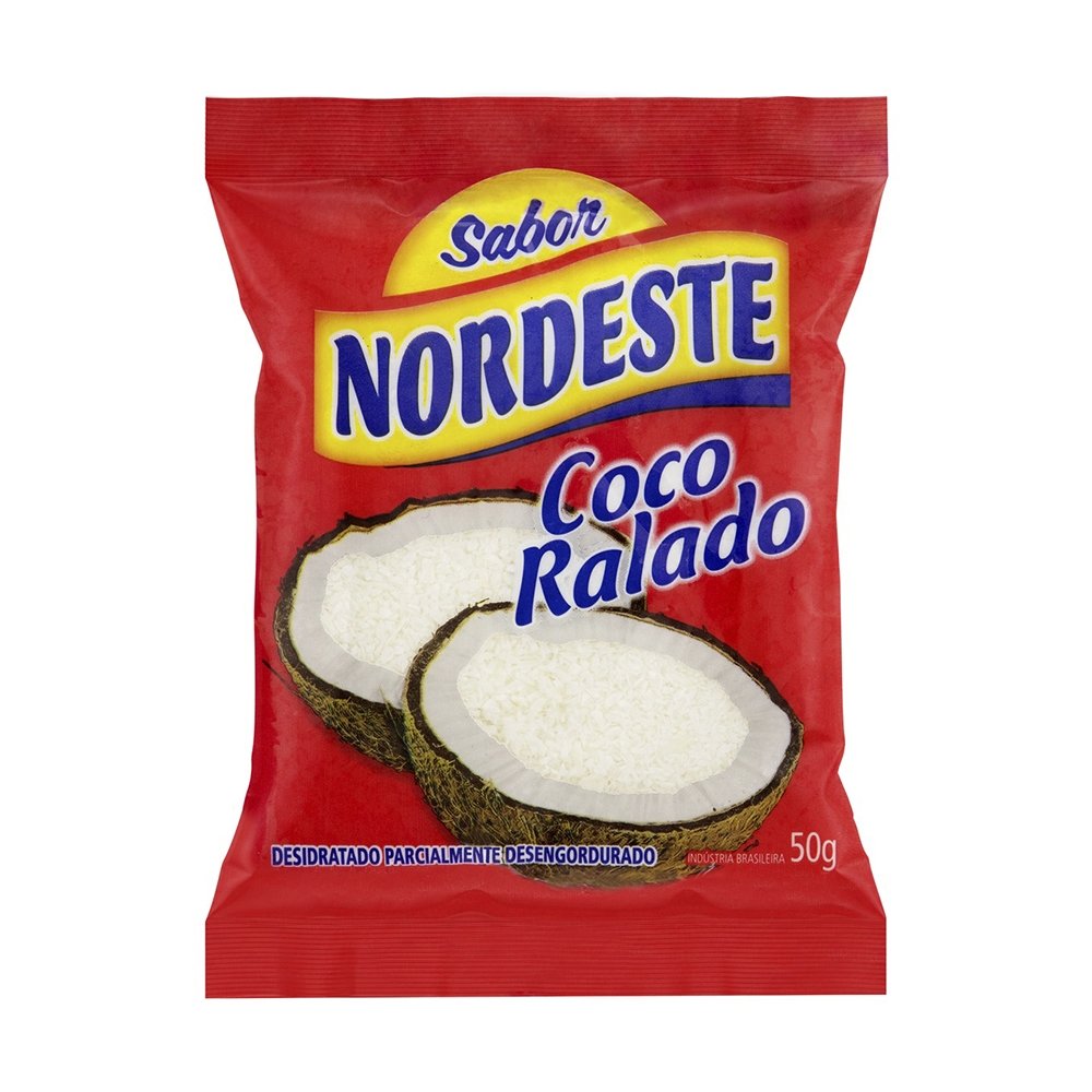 Coco Ralado Sabor Nordeste Desidratado e Parcialmente Desengordurado 50g - Embalagem com 48 Unidades