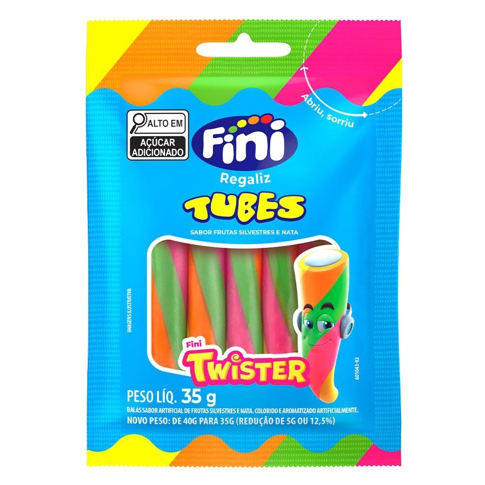 Bala Fini Regaliz Tubes Twister 35g - Embalagem com 10 Unidades
