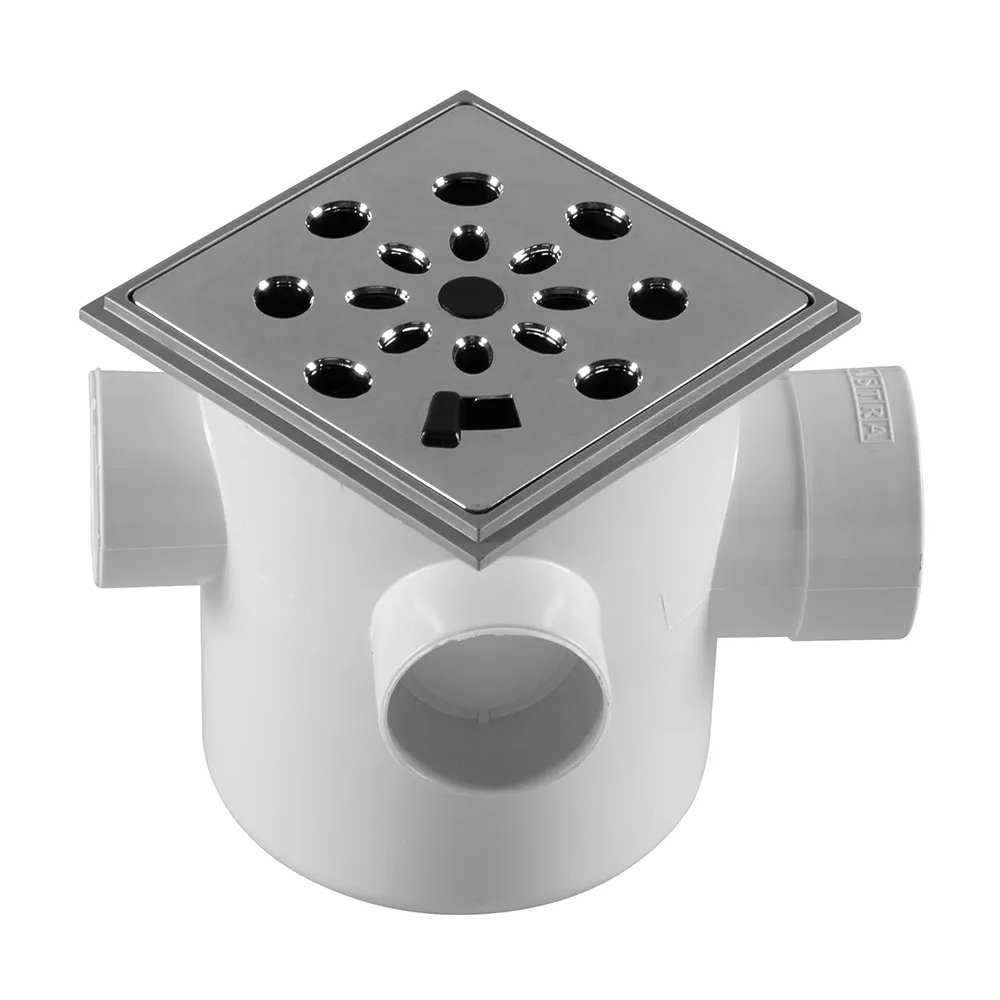 Caixa Sifonada Astra 3 Entradas - Quadrada com Grelha Anti-Inseto Cromada 10x12cm