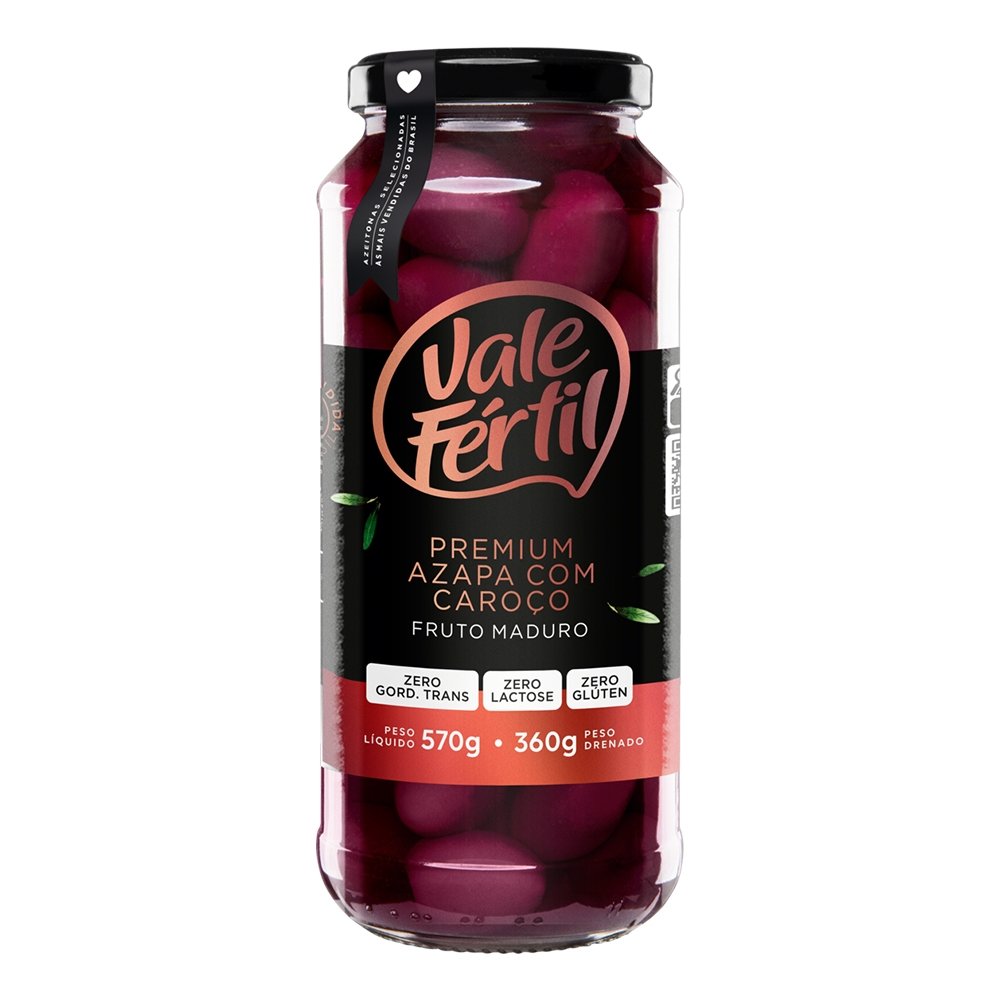 Azeitona Vale Fértil Premium Azapa Preta com Caroço 360g - Vidro - Embalagem com 12 Unidades