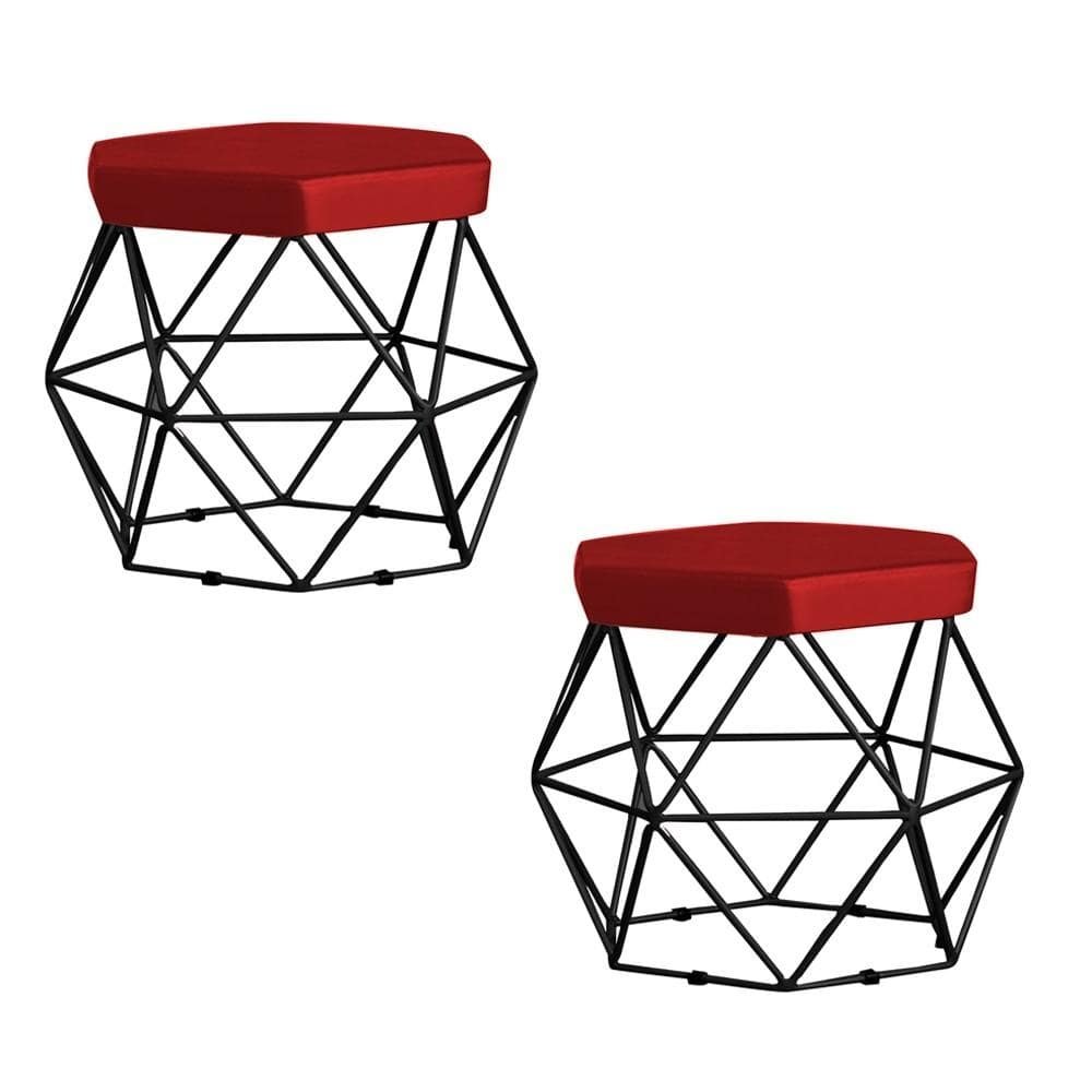 Kit 2 Puff Decorativo Base Preta Elsa Suede Vermelho G41 - Gran Belo
