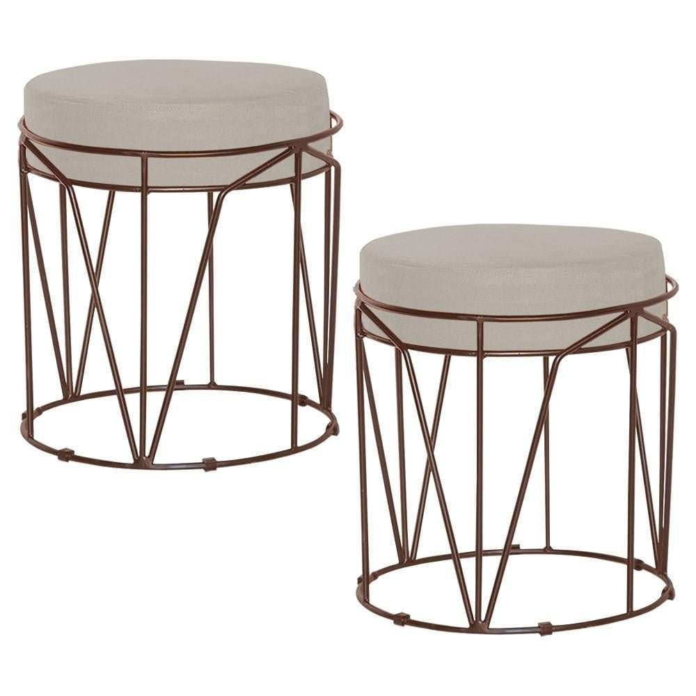 Kit 2 Puffs Decorativo Sala de Estar Base Bronze Chloe Suede Bege G41 - Gran Belo