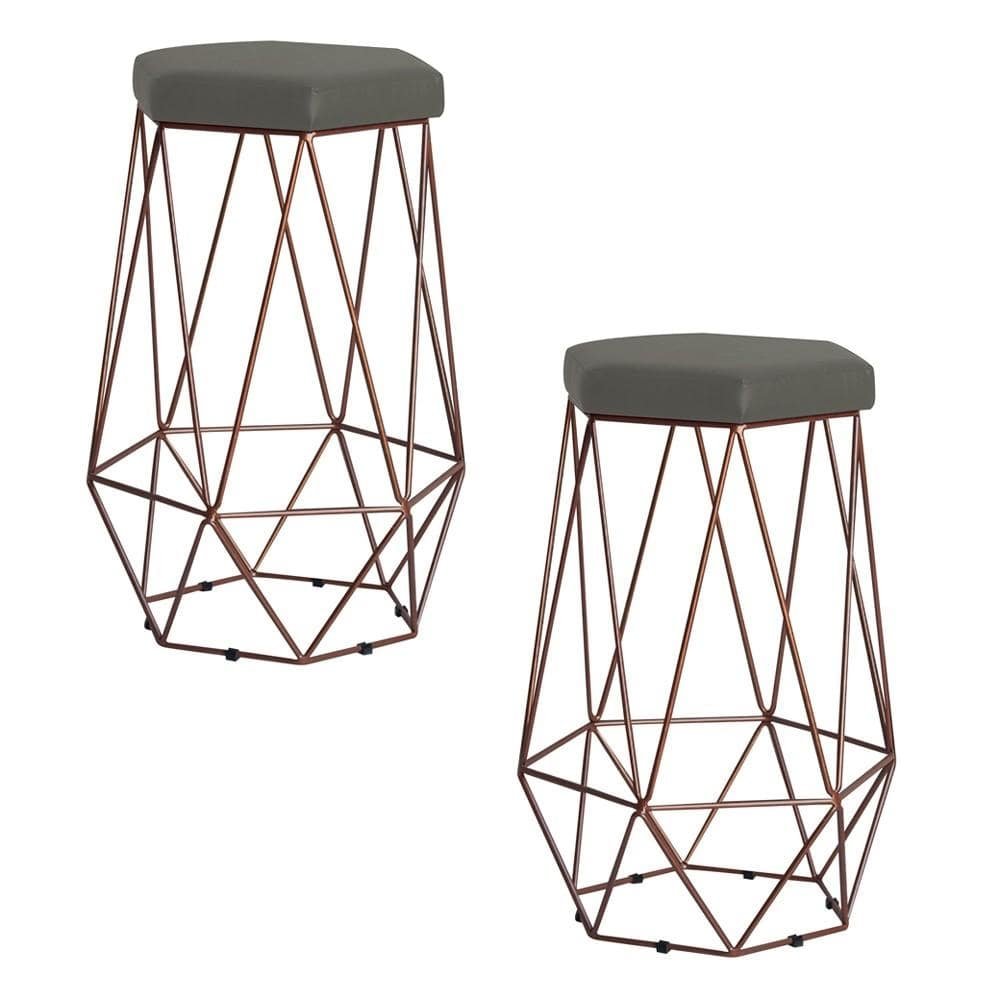 Kit 2 Banqueta Decorativa Rubel Base Bronze Suede Cinza G41 - Gran Belo