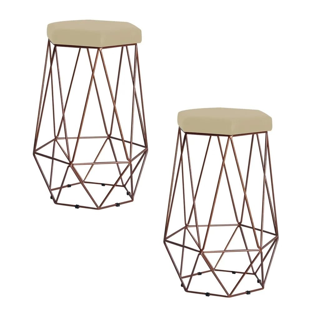 Kit 2 Banqueta Decorativa Rubel Base Bronze Veludo Bege G41 - Gran Belo