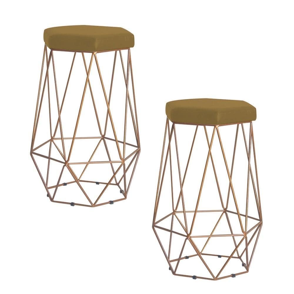 Kit 2 Banqueta Decorativa Rubel Base Gold Suede Mostarda G41 - Gran Belo