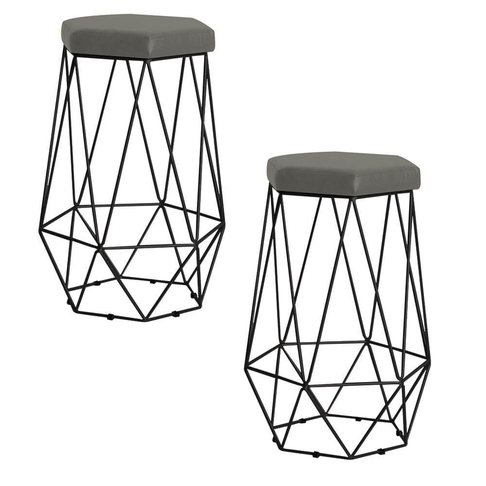 Kit 2 Banqueta Decorativa Rubel Base Preta Veludo Cinza G41 - Gran Belo